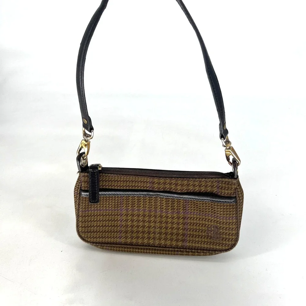 Ralph Lauren Mini Baguette Handbag Houndstooth Preppy 90s Brown Purple Shoulder